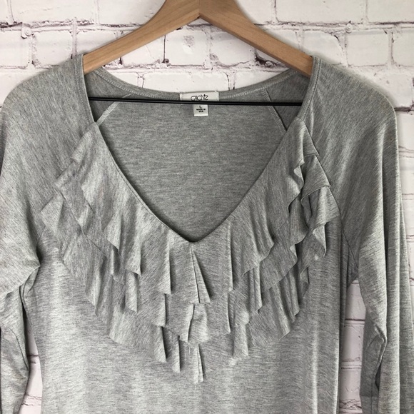 CACHE || Heather Gray Ruffle Accent V Neck Shirt - Picture 2 of 7